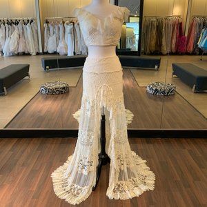 two piece lace with tie back, shear lace bottom